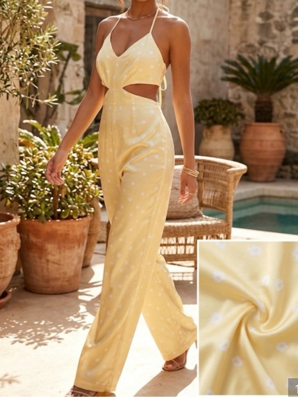Kittenish Pale Yellow Floral Cutout Halter Jumpsuit